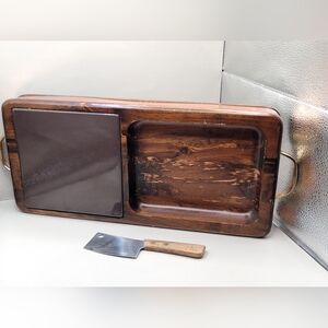 Vintage Wooden Serving Tray w Handles Cheese Board Knife Made in Japan